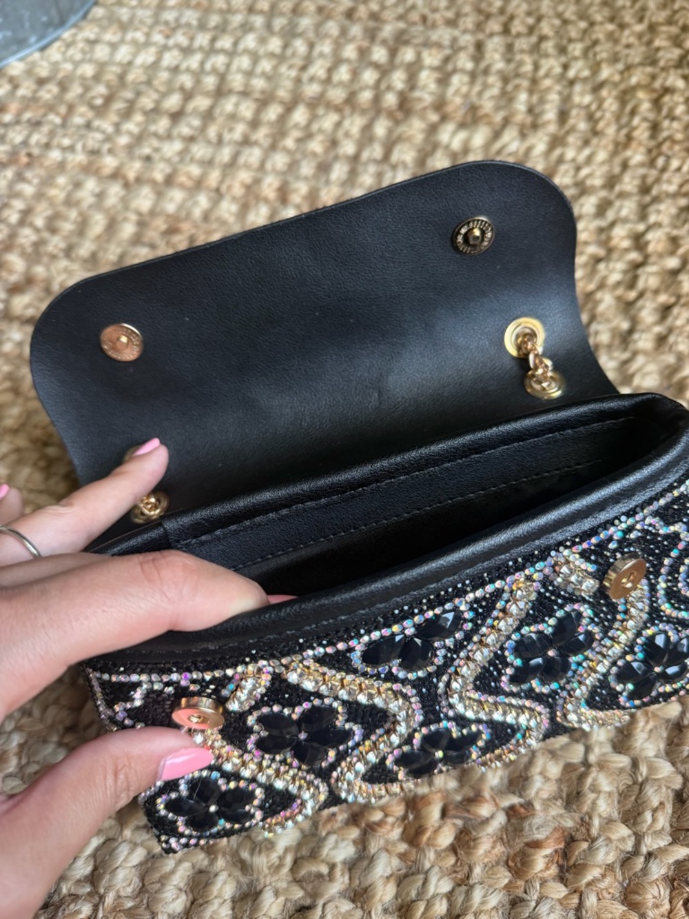 Black Beaded Evening Clutch with Gold Chain - Picture 3 of 6